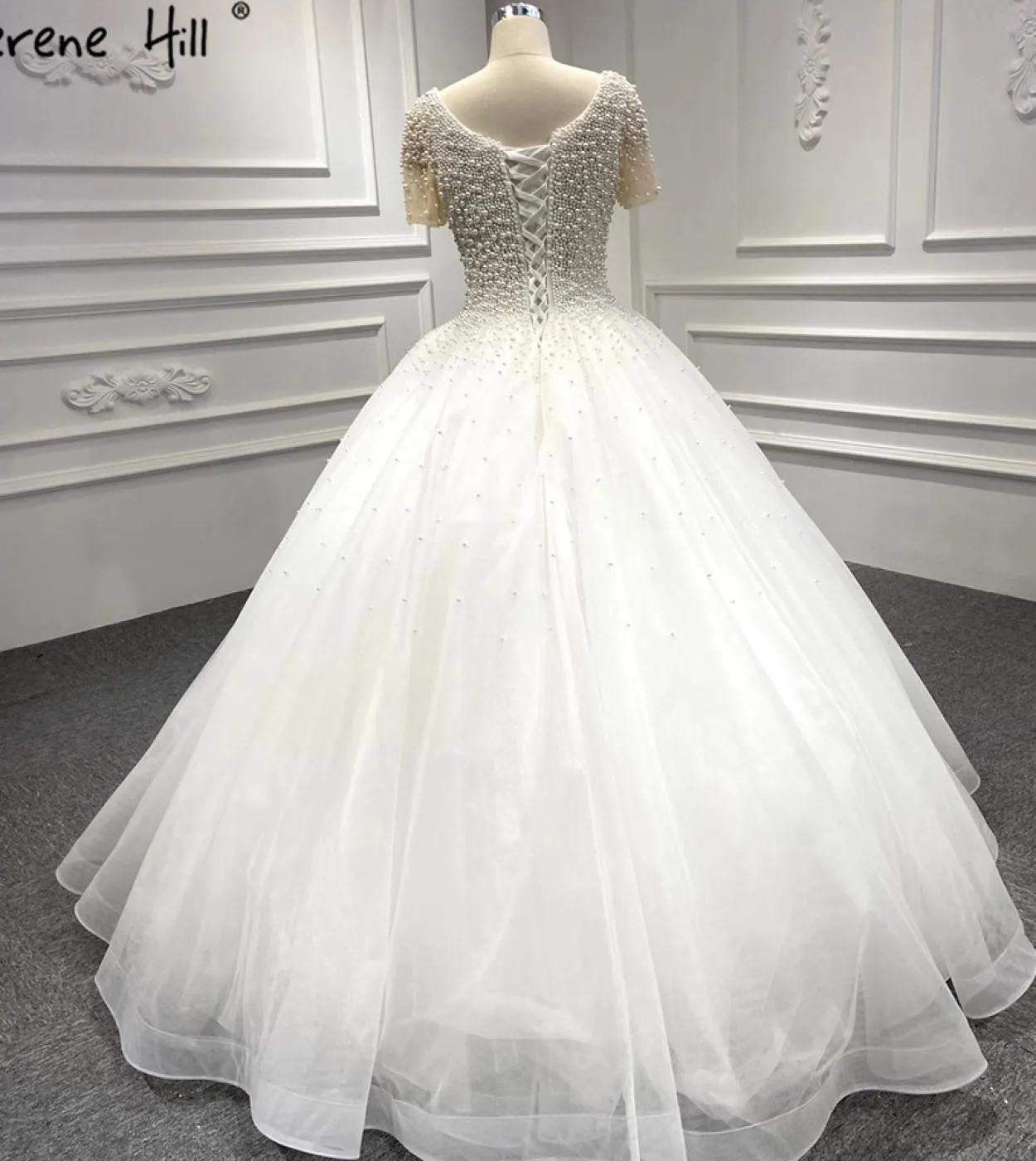 Abiti da sposa a maniche corte bianchi Serene Hill 2023 Abiti da sposa di fascia alta con perline O collo Abiti da sposa Ha2458