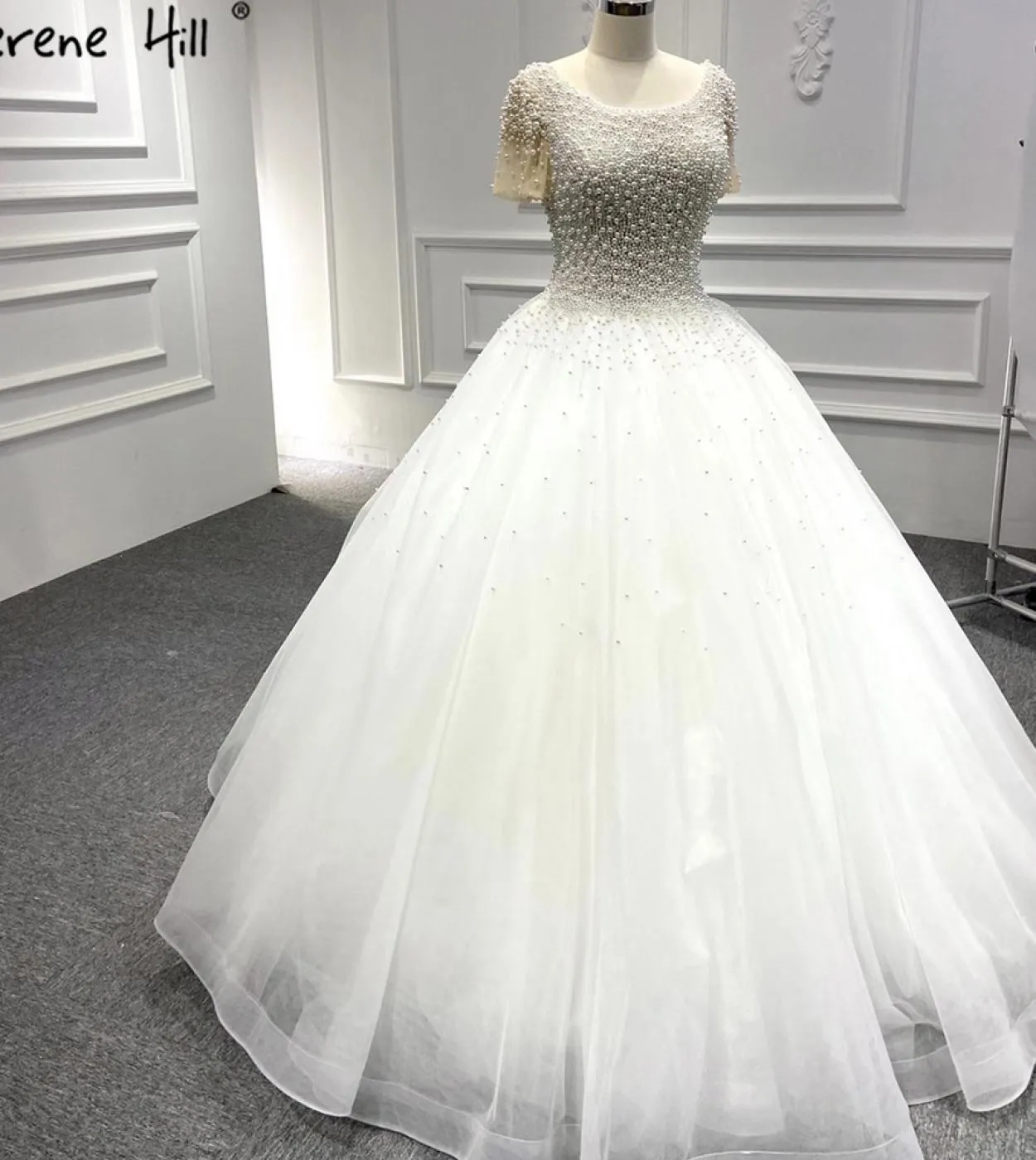 Abiti da sposa a maniche corte bianchi Serene Hill 2023 Abiti da sposa di fascia alta con perline O collo Abiti da sposa Ha2458