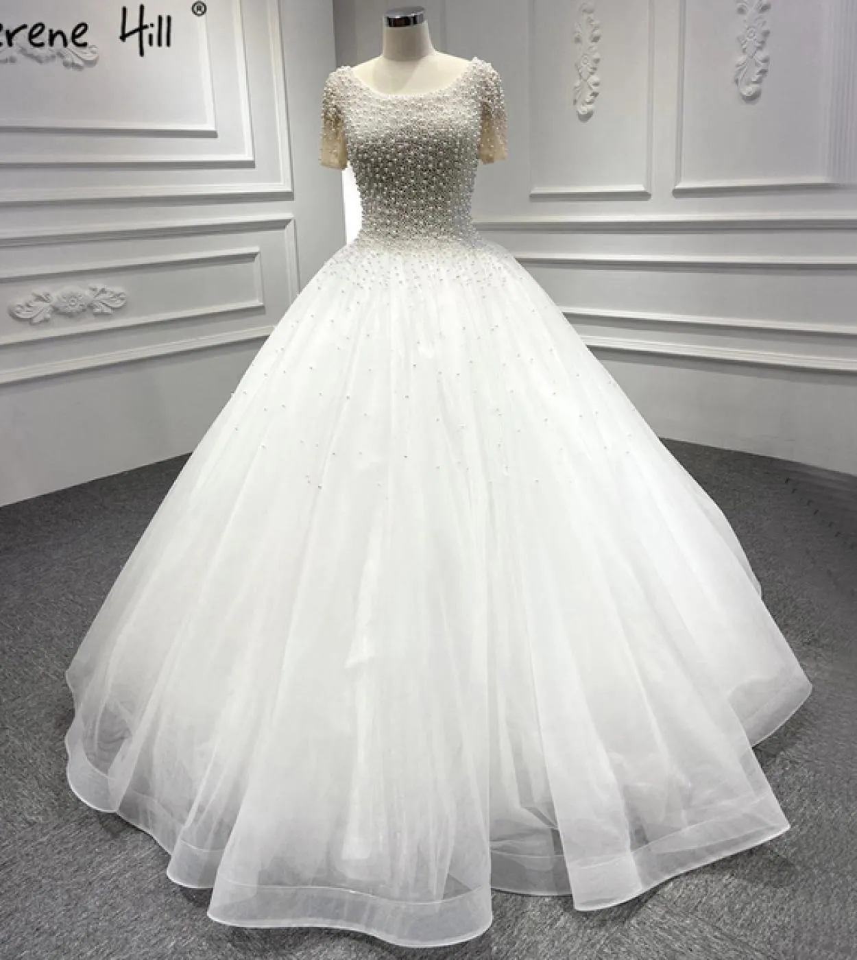 Abiti da sposa a maniche corte bianchi Serene Hill 2023 Abiti da sposa di fascia alta con perline O collo Abiti da sposa Ha2458