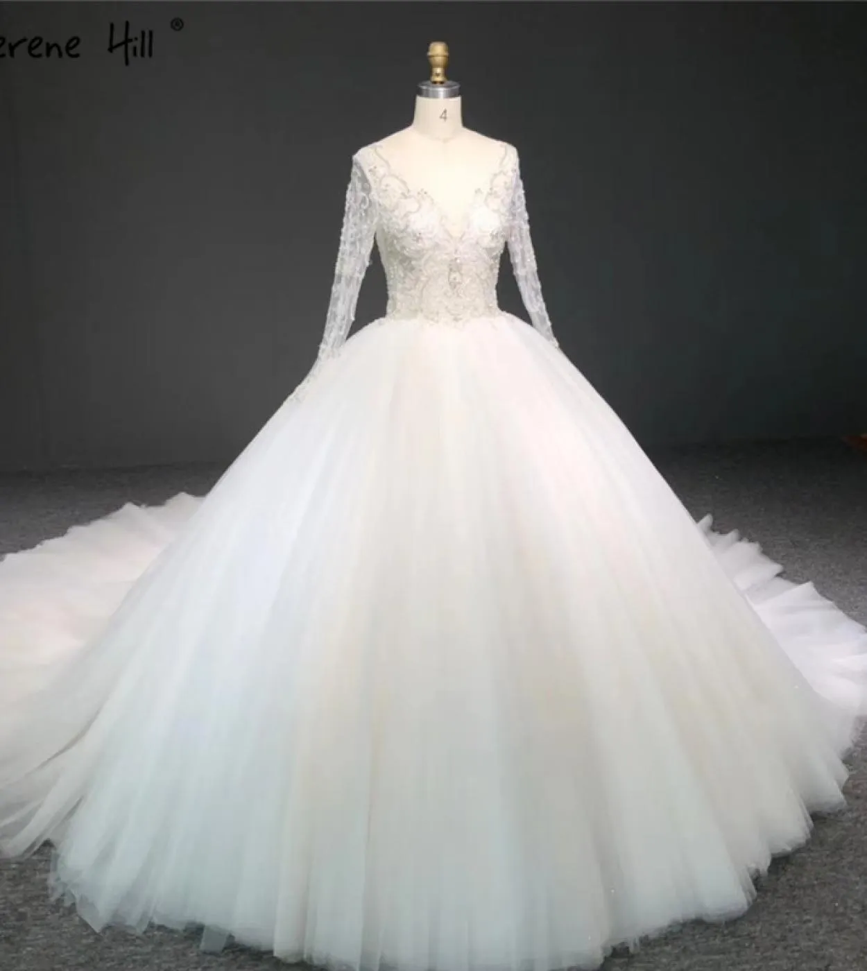 Abiti da sposa a maniche lunghe avorio di fascia alta Abiti da sposa con paillettes perline Oneck Ha2338 Abiti da sposa su misur