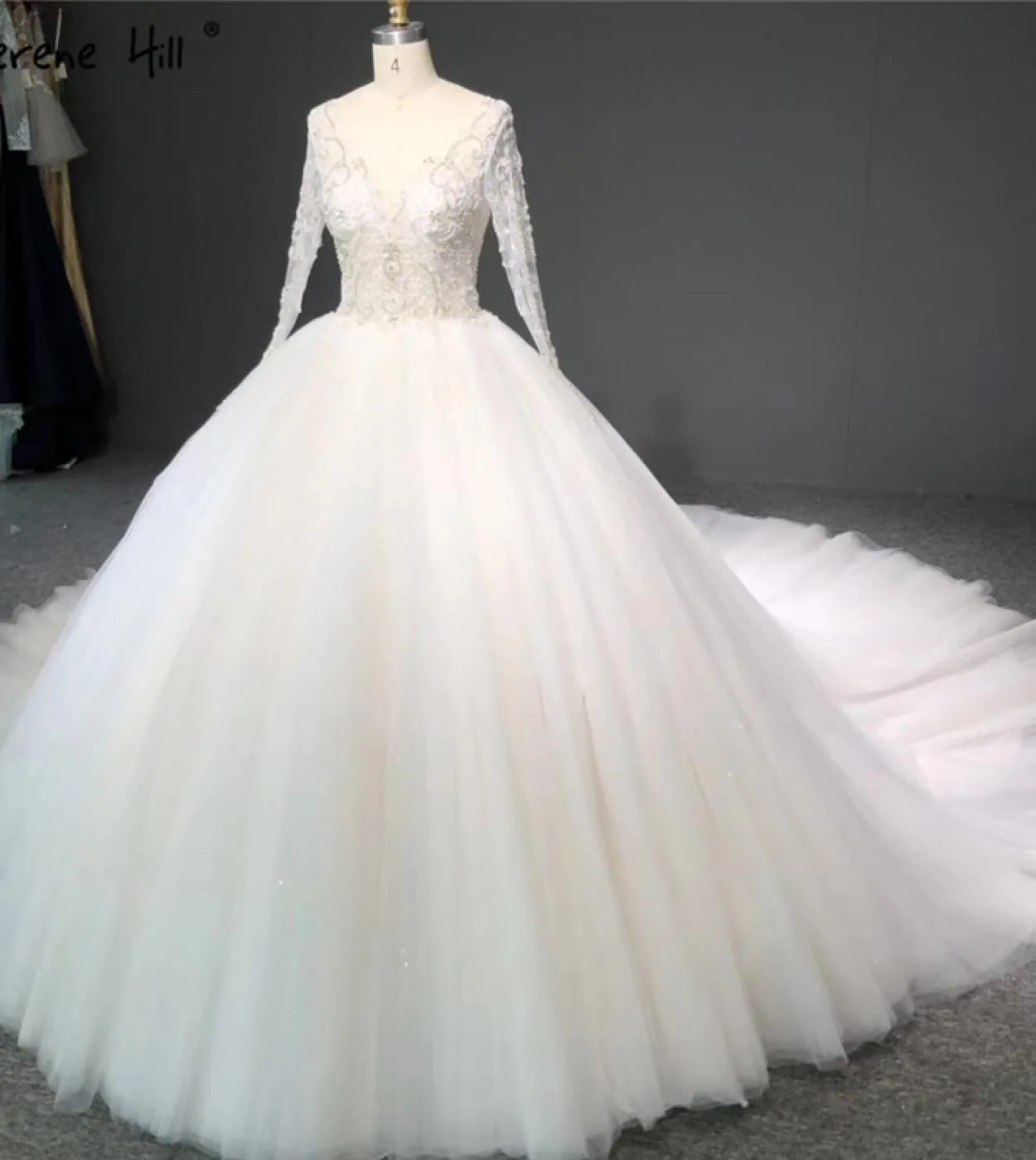 Abiti da sposa a maniche lunghe avorio di fascia alta Abiti da sposa con paillettes perline Oneck Ha2338 Abiti da sposa su misur