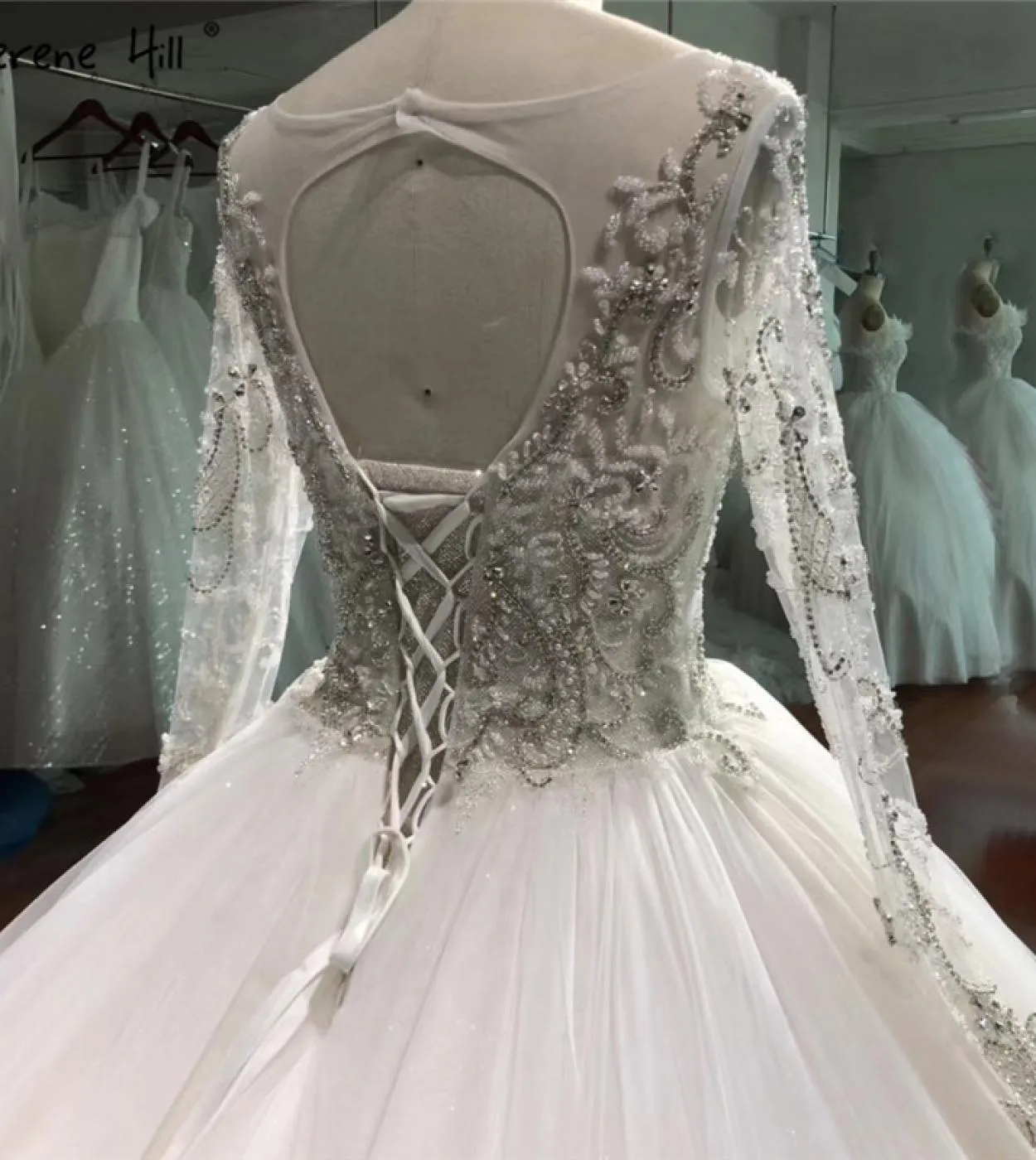 Abiti da sposa a maniche lunghe avorio di fascia alta Abiti da sposa con paillettes perline Oneck Ha2338 Abiti da sposa su misur