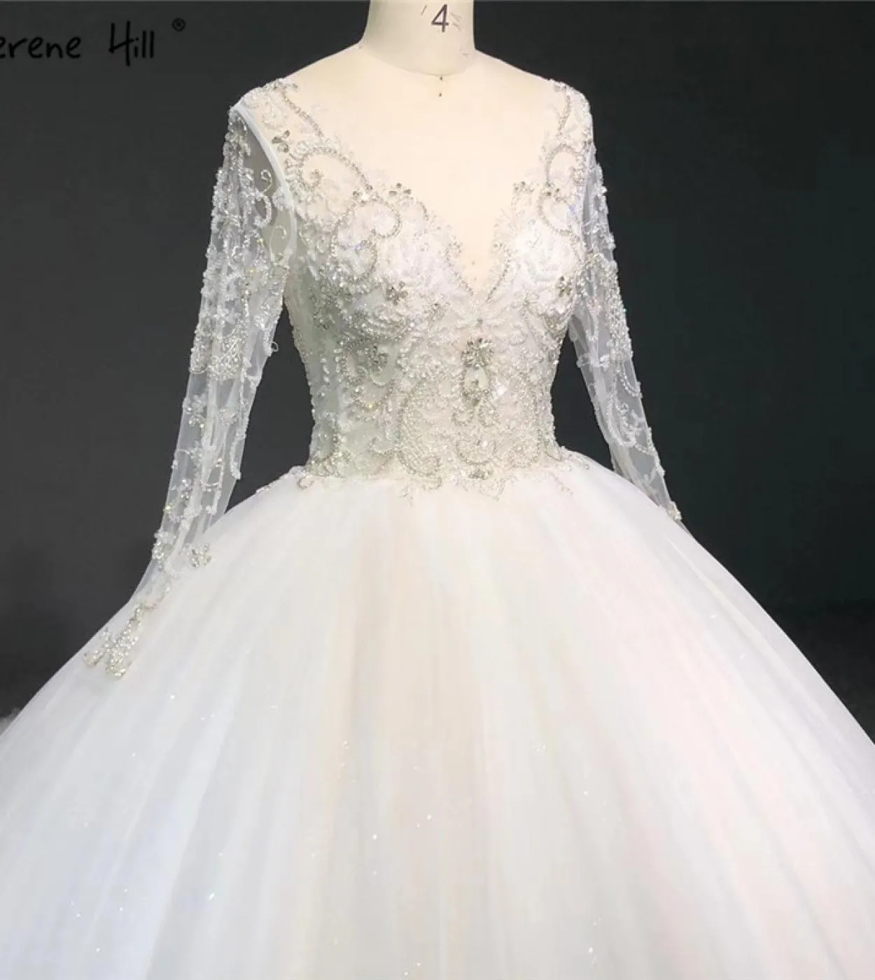 Abiti da sposa a maniche lunghe avorio di fascia alta Abiti da sposa con paillettes perline Oneck Ha2338 Abiti da sposa su misur