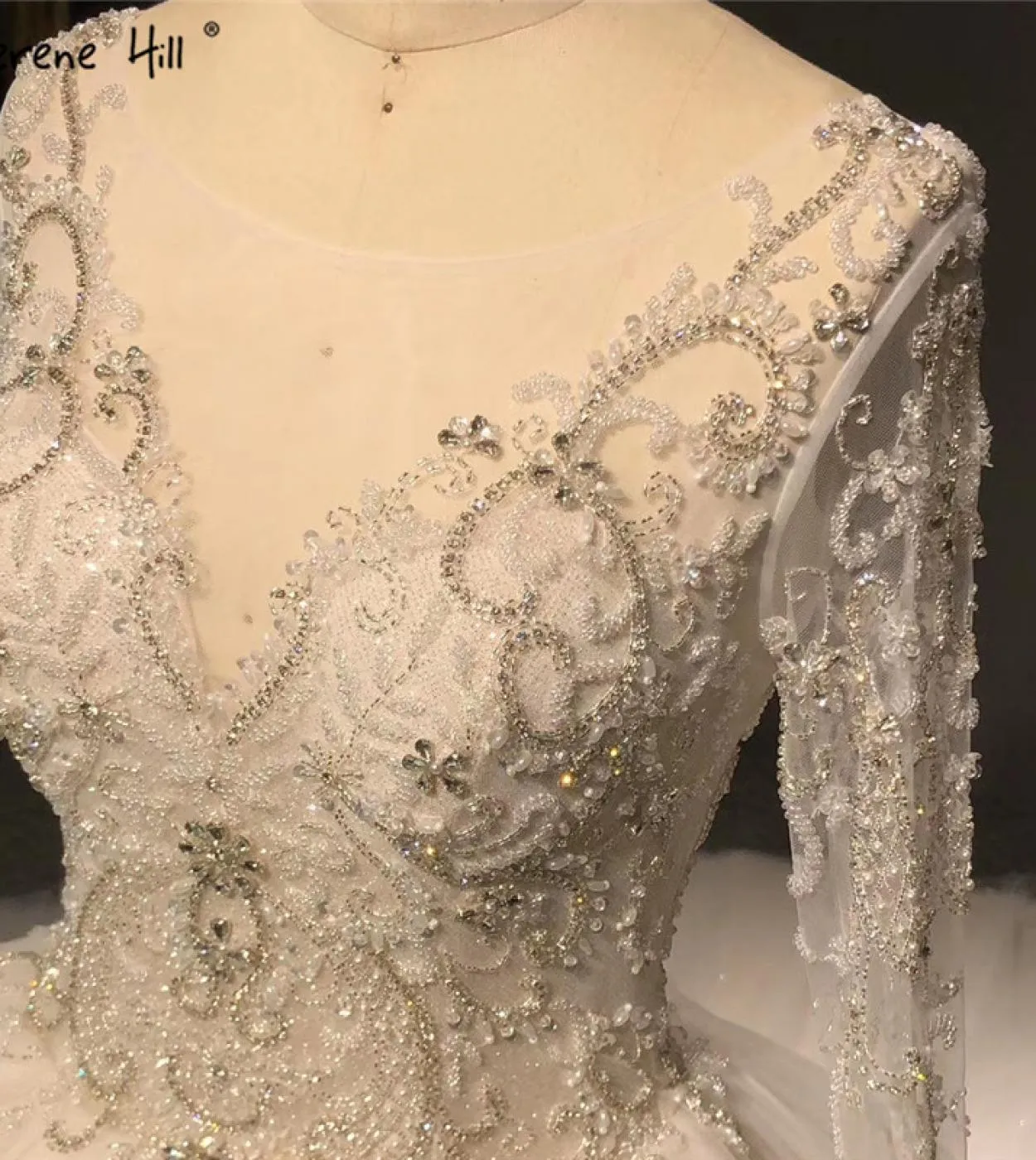 Abiti da sposa a maniche lunghe avorio di fascia alta Abiti da sposa con paillettes perline Oneck Ha2338 Abiti da sposa su misur