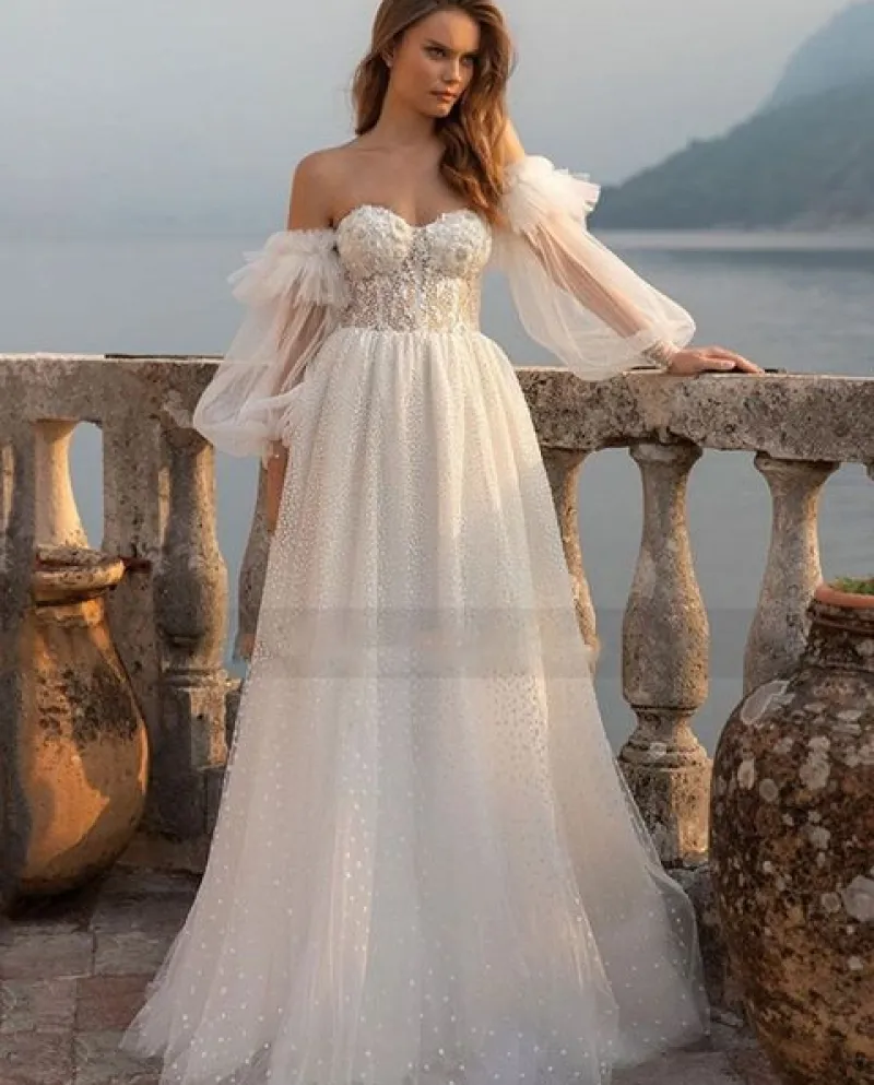 Abiti da sposa Boho 2022 Abito da sposa in pizzo a maniche lunghe con sbuffo di tulle a pois