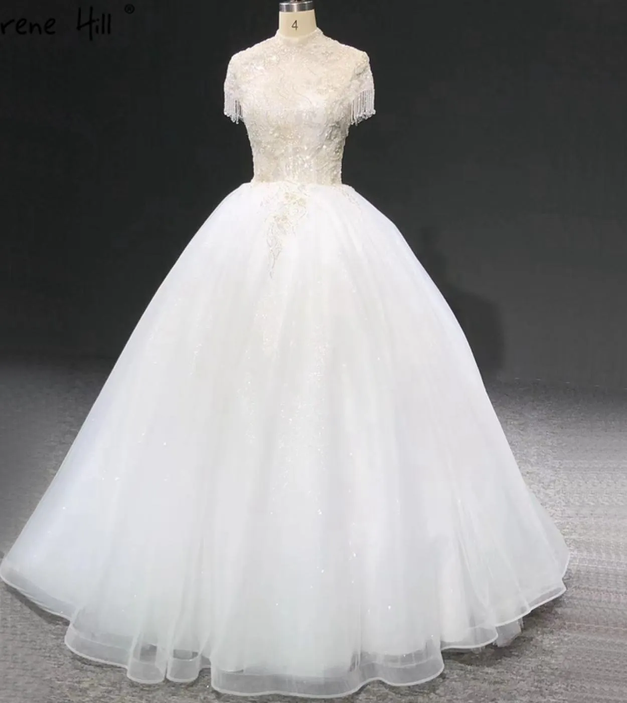 Abiti da sposa collo alto avorio scintillante manica corta nappa perline paillettes abiti da sposa Ha2345 matrimonio su misura