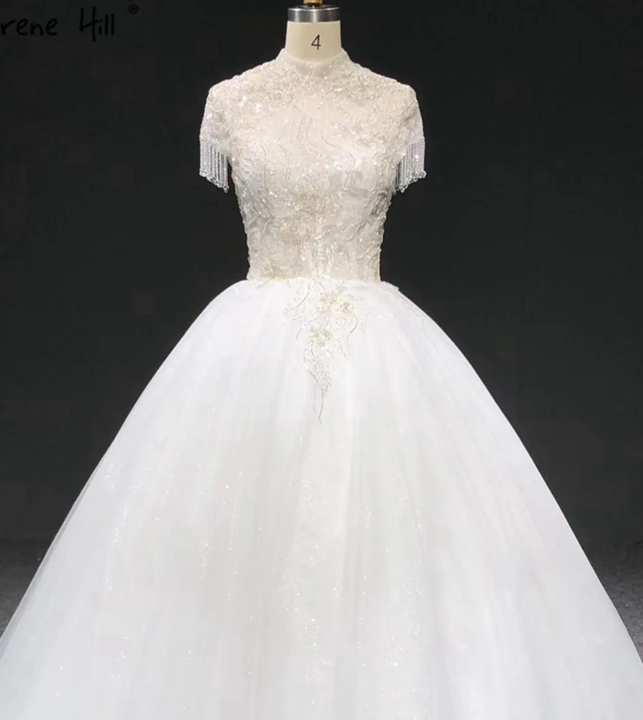 Abiti da sposa collo alto avorio scintillante manica corta nappa perline paillettes abiti da sposa Ha2345 matrimonio su misura