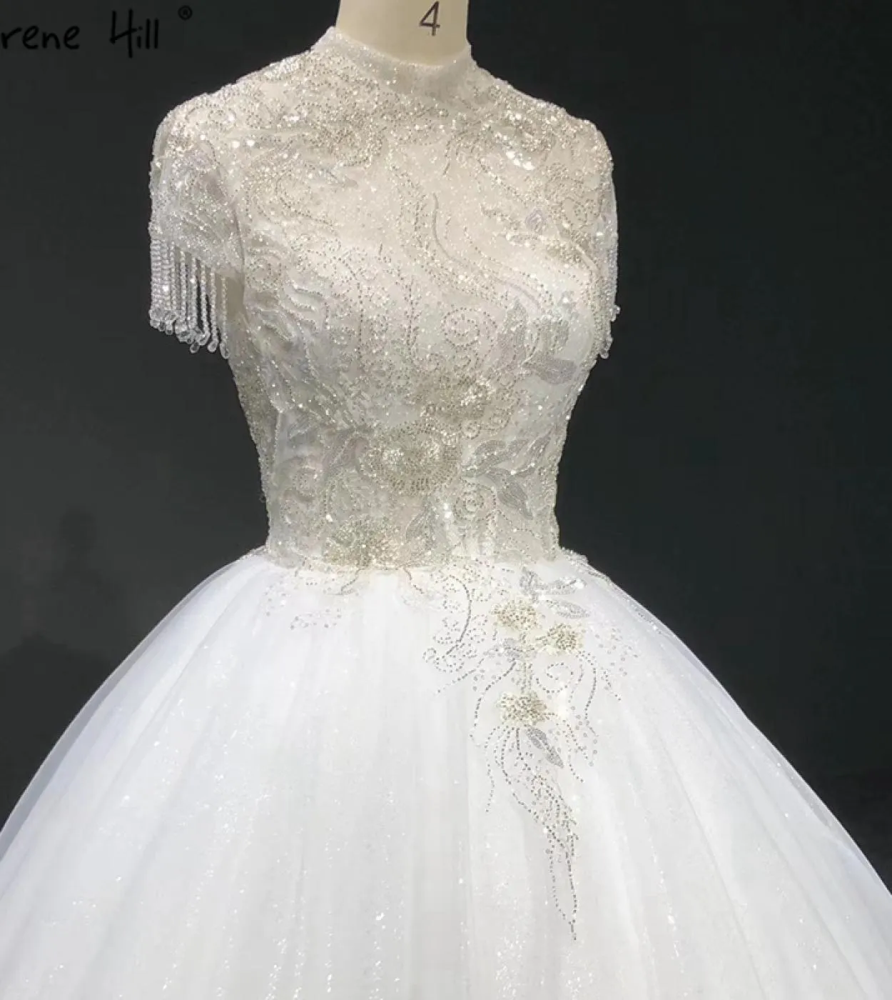 Abiti da sposa collo alto avorio scintillante manica corta nappa perline paillettes abiti da sposa Ha2345 matrimonio su misura