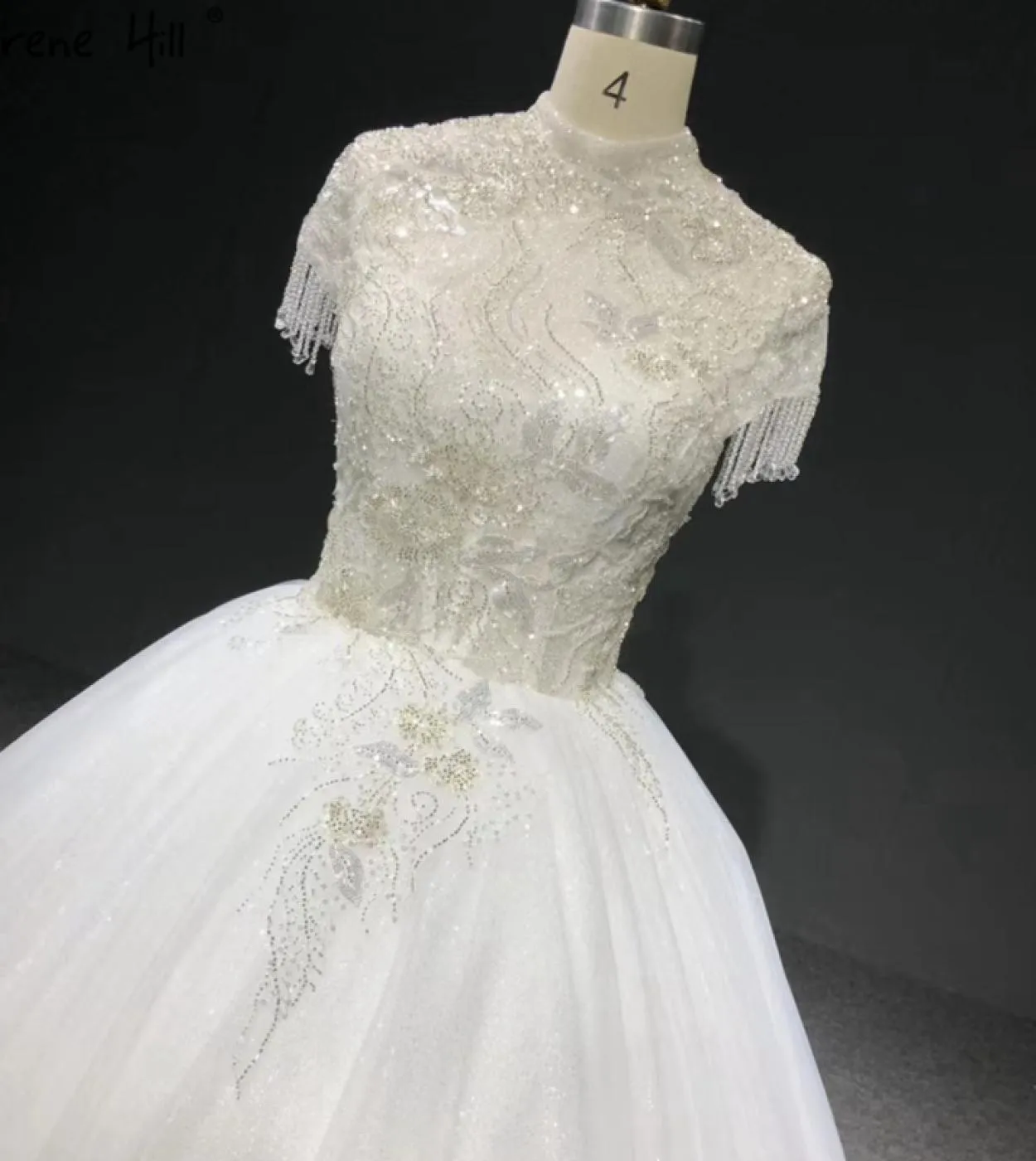 Abiti da sposa collo alto avorio scintillante manica corta nappa perline paillettes abiti da sposa Ha2345 matrimonio su misura