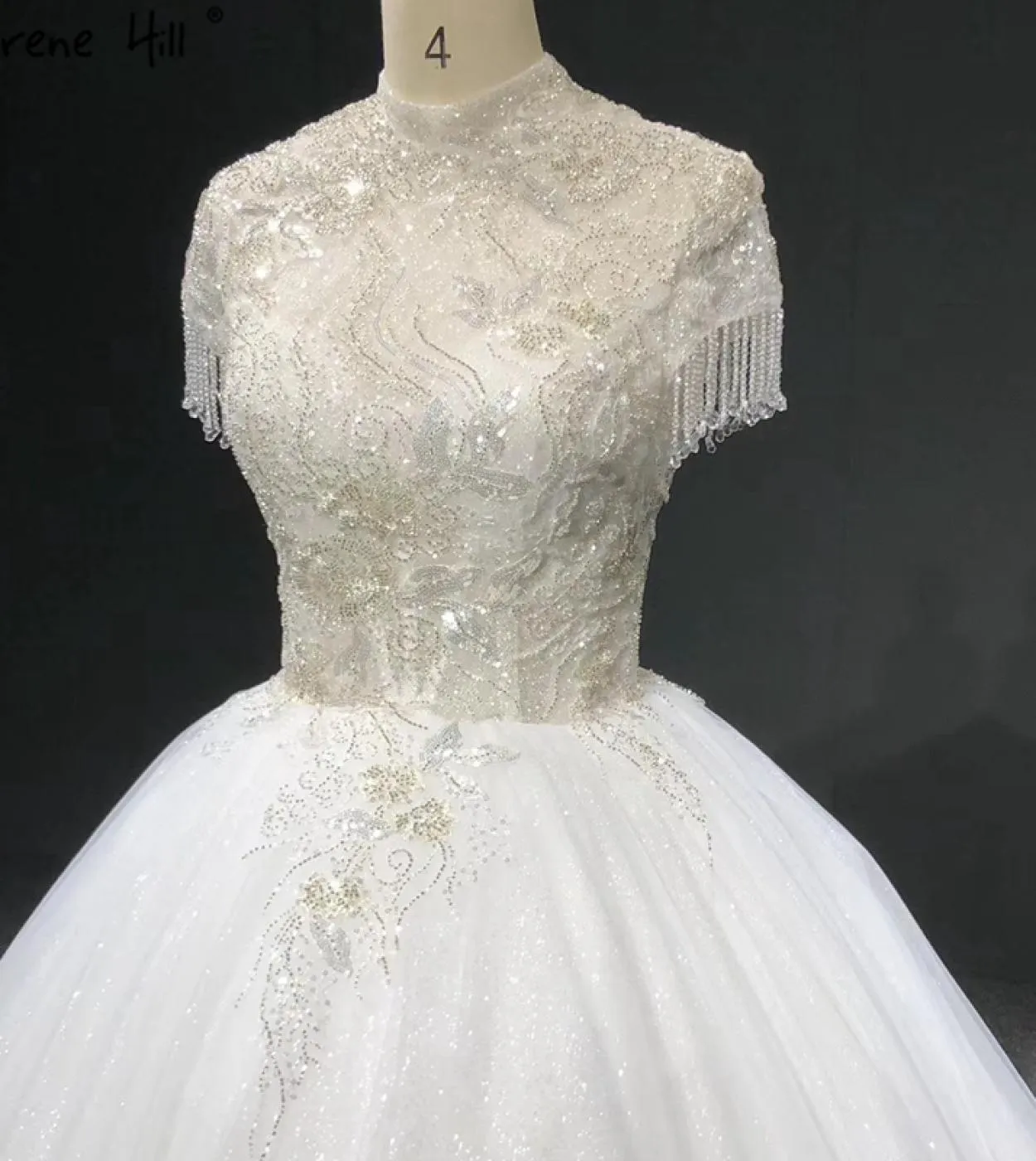 Abiti da sposa collo alto avorio scintillante manica corta nappa perline paillettes abiti da sposa Ha2345 matrimonio su misura