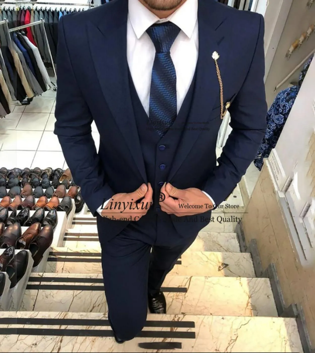 Abiti da uomo giornalieri blu navy Set da 3 pezzi Giacca da lavoro formale Giacca da sposo slim fit da sposa Terno Masculino