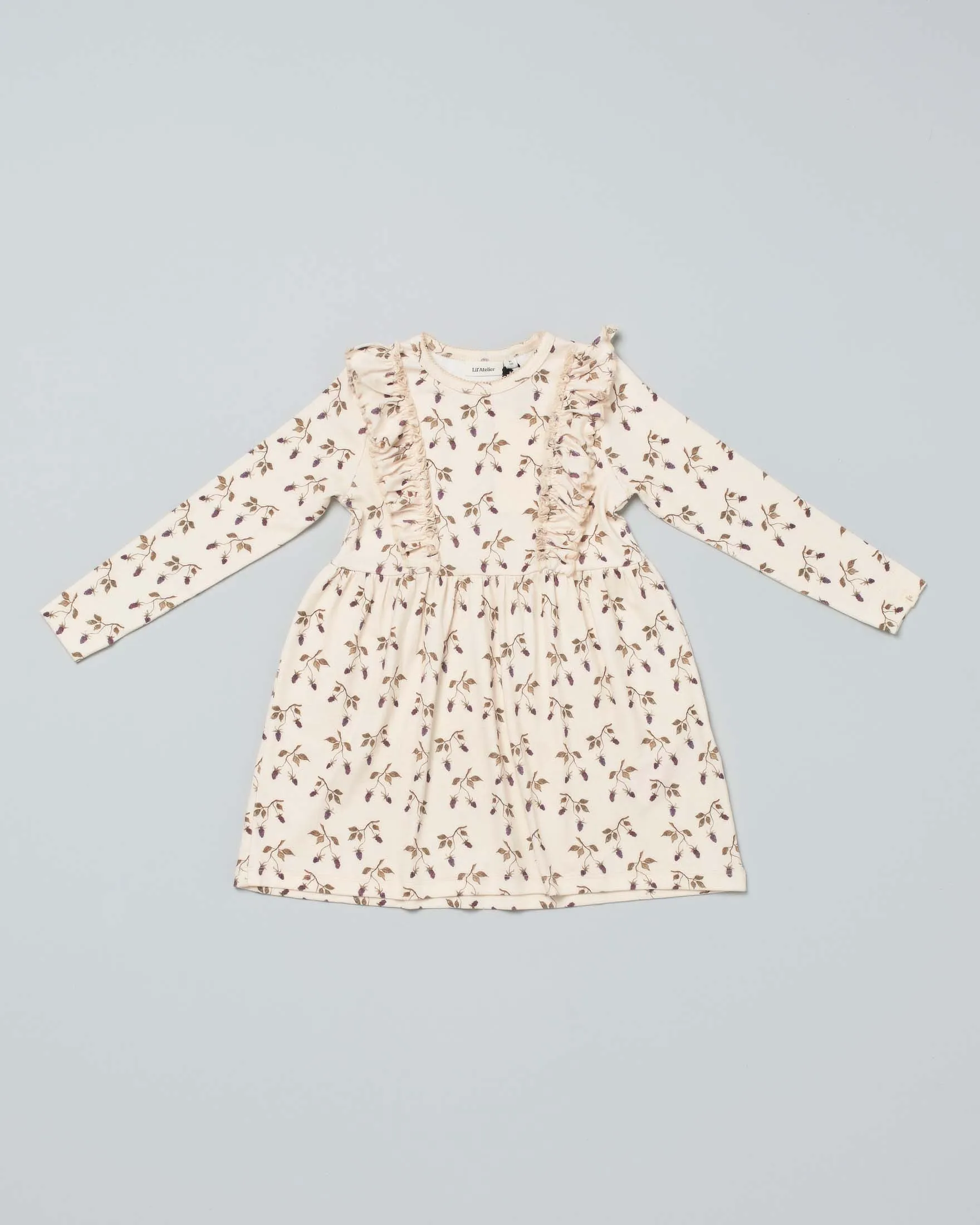 Abito beige in cotone stretch a fantasia fiorita all-over a maniche lunghe con rouches 2-7 anni