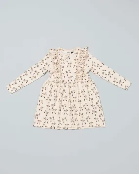 Abito beige in cotone stretch a fantasia fiorita all-over a maniche lunghe con rouches 2-7 anni