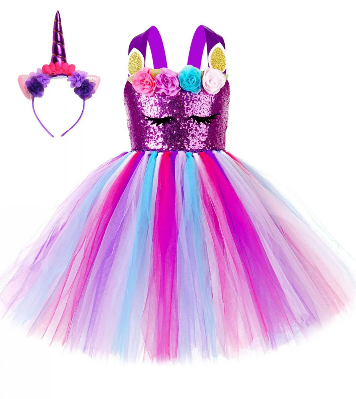 Abito da unicorno viola con paillettes per ragazze Abiti da compleanno principessa unicorni con fascia per capelli Costume di Ha