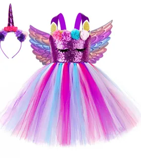 Abito da unicorno viola con paillettes per ragazze Abiti da compleanno principessa unicorni con fascia per capelli Costume di Ha