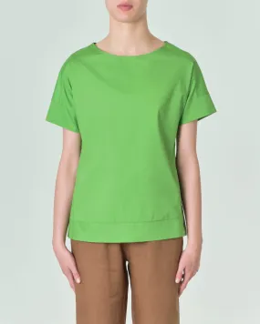 Blusa verde in popeline di cotone stretch con maniche corte e spacco sul fianco