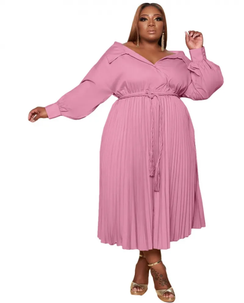 Cutuly Maxi Abiti Manica Lunga Donna Solid Fashion Pieghettato Abito Allentato Camicia Lace Up Turndown Colletto Abiti Vestidos