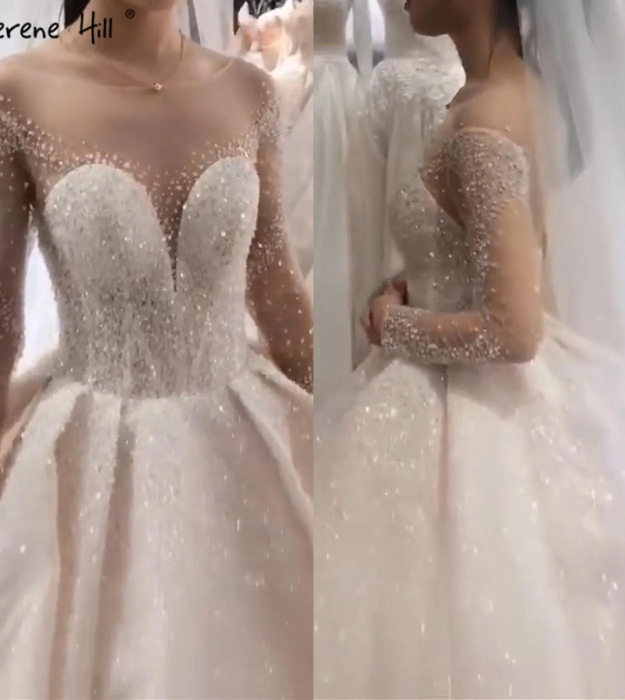 Dubai Ivory Sparkle Highend Abiti da sposa Manica lunga Perline Perline Abiti da sposa Ha2287 Abiti da sposa su misura