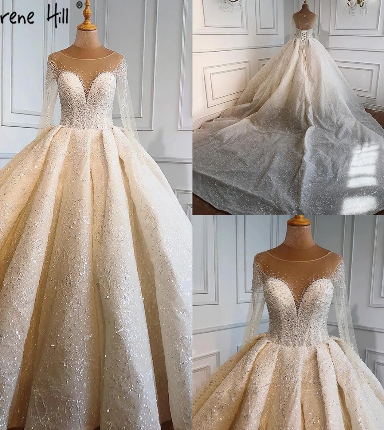 Dubai Ivory Sparkle Highend Abiti da sposa Manica lunga Perline Perline Abiti da sposa Ha2287 Abiti da sposa su misura