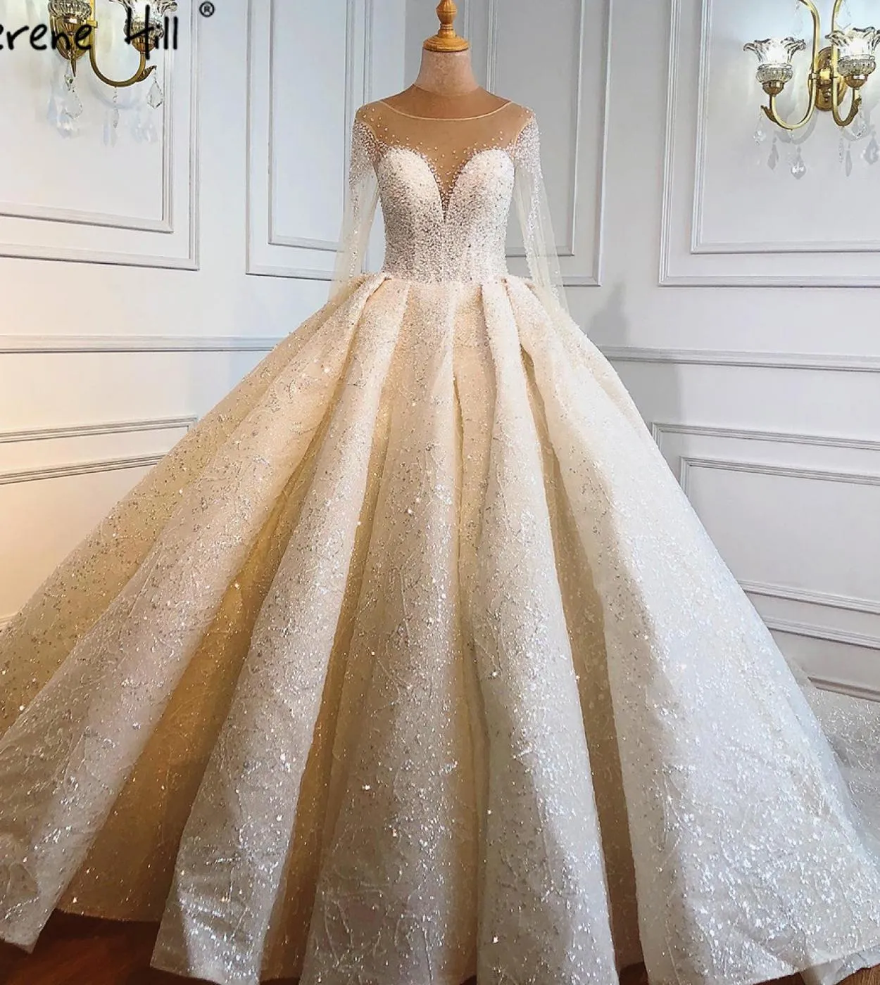 Dubai Ivory Sparkle Highend Abiti da sposa Manica lunga Perline Perline Abiti da sposa Ha2287 Abiti da sposa su misura