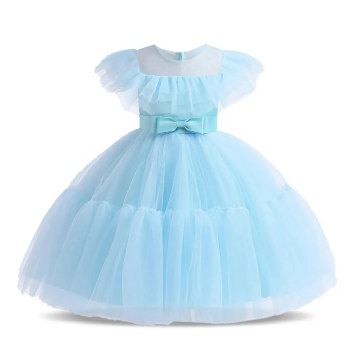 Elegante pizzo floreale abito da ragazza torta di compleanno abiti in tulle bambini estate spiaggia manica volant costume fiore