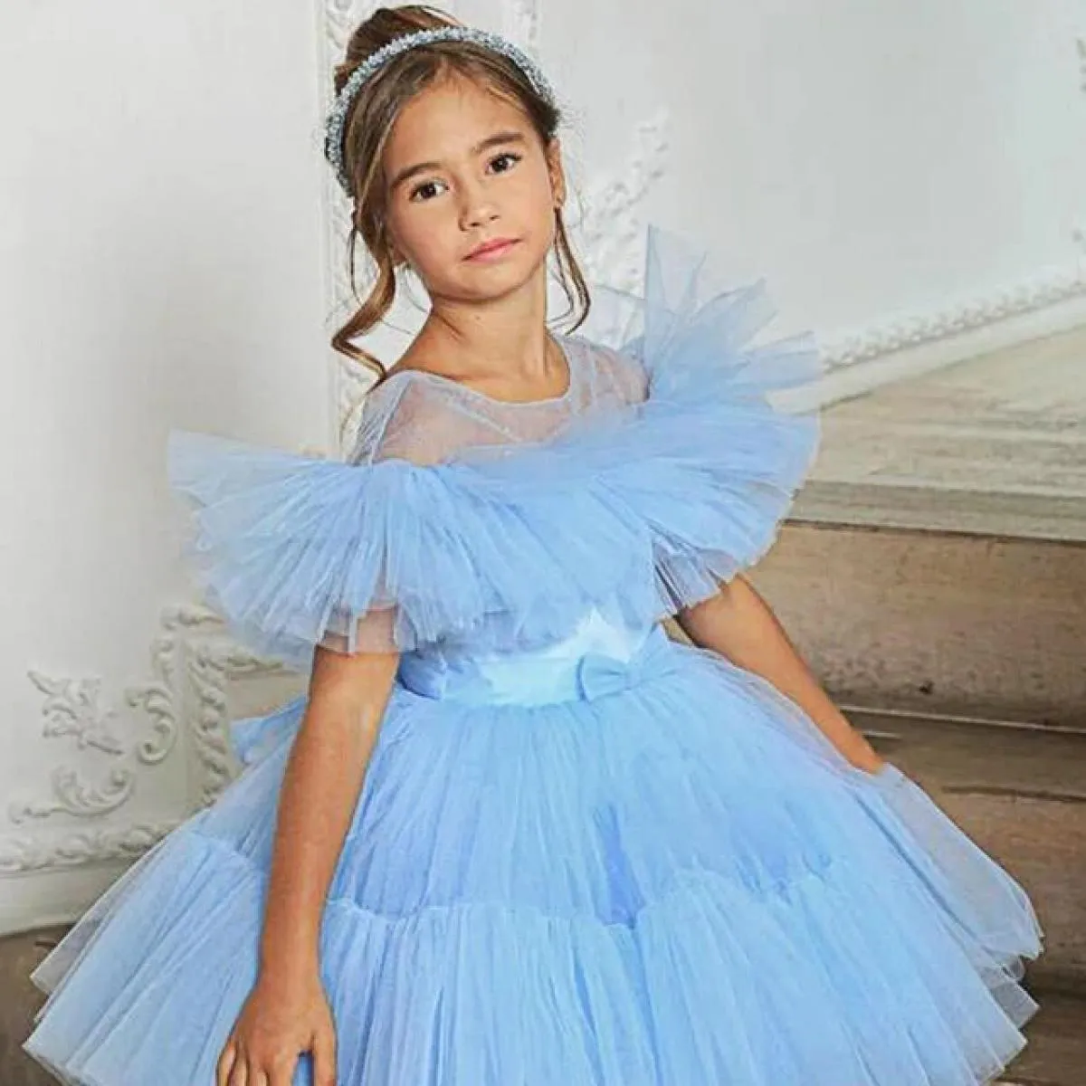 Elegante pizzo floreale abito da ragazza torta di compleanno abiti in tulle bambini estate spiaggia manica volant costume fiore