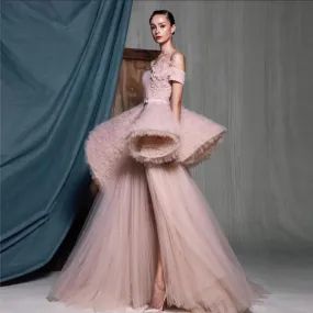 Incredibili abiti da festa formali rosa cipria 2024 Couture Puffy increspato tulle abito da ballo abito da sera treno 3d