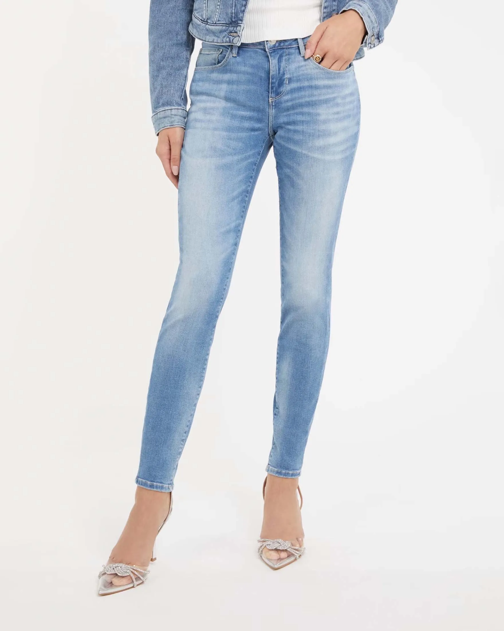 Jeans skinny a vita media in cotone stretch lavaggio chiaro super stone washed