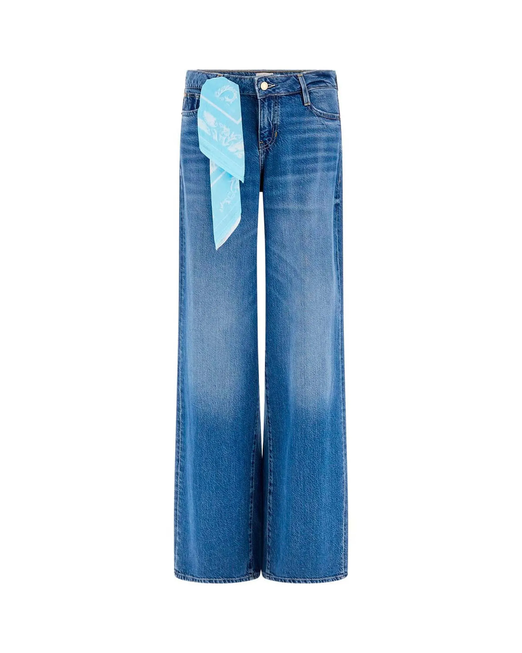 Jeans wide leg a vita bassa in misto cotone lavaggio medio stone washed con bandana abbinata