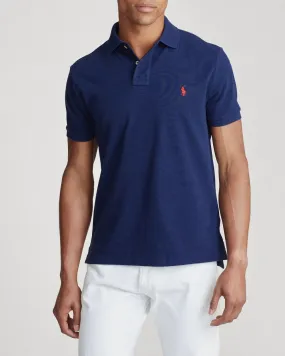 Polo custom-slim fit blu indaco tinta unita in piqué di cotone con logo pony rosso ricamato sul petto