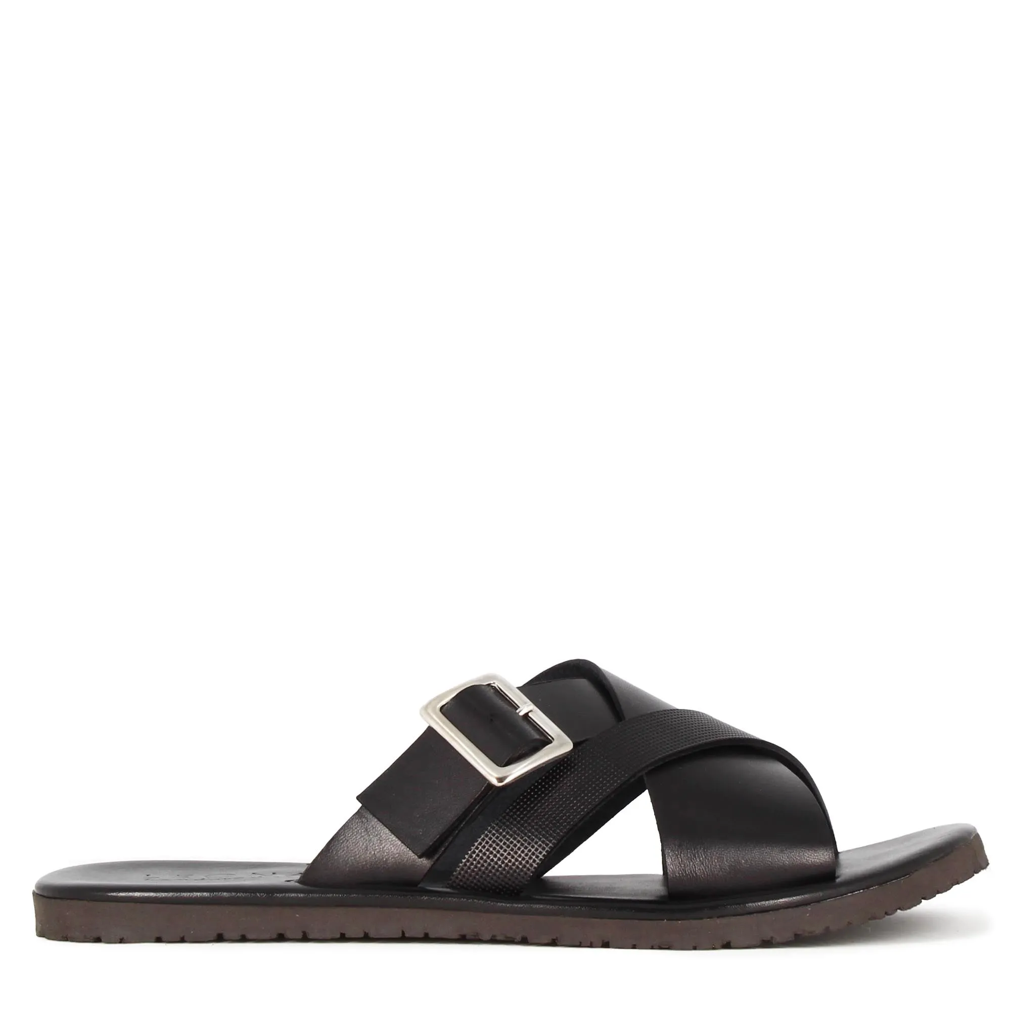 Sandalo slider da uomo in pelle colore nero con fibbia