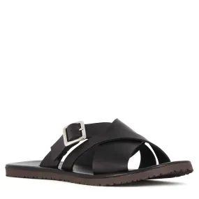 Sandalo slider da uomo in pelle colore nero con fibbia