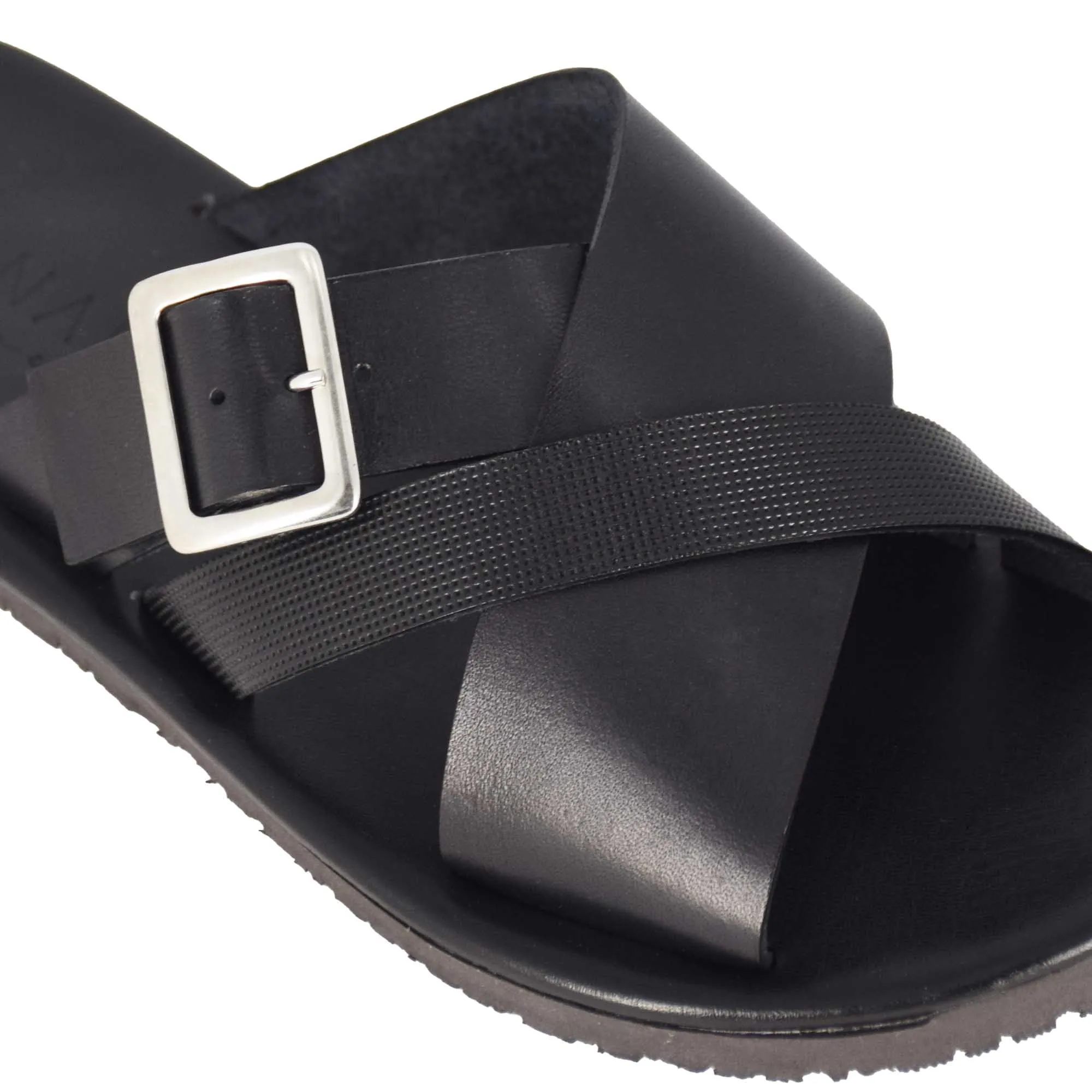 Sandalo slider da uomo in pelle colore nero con fibbia