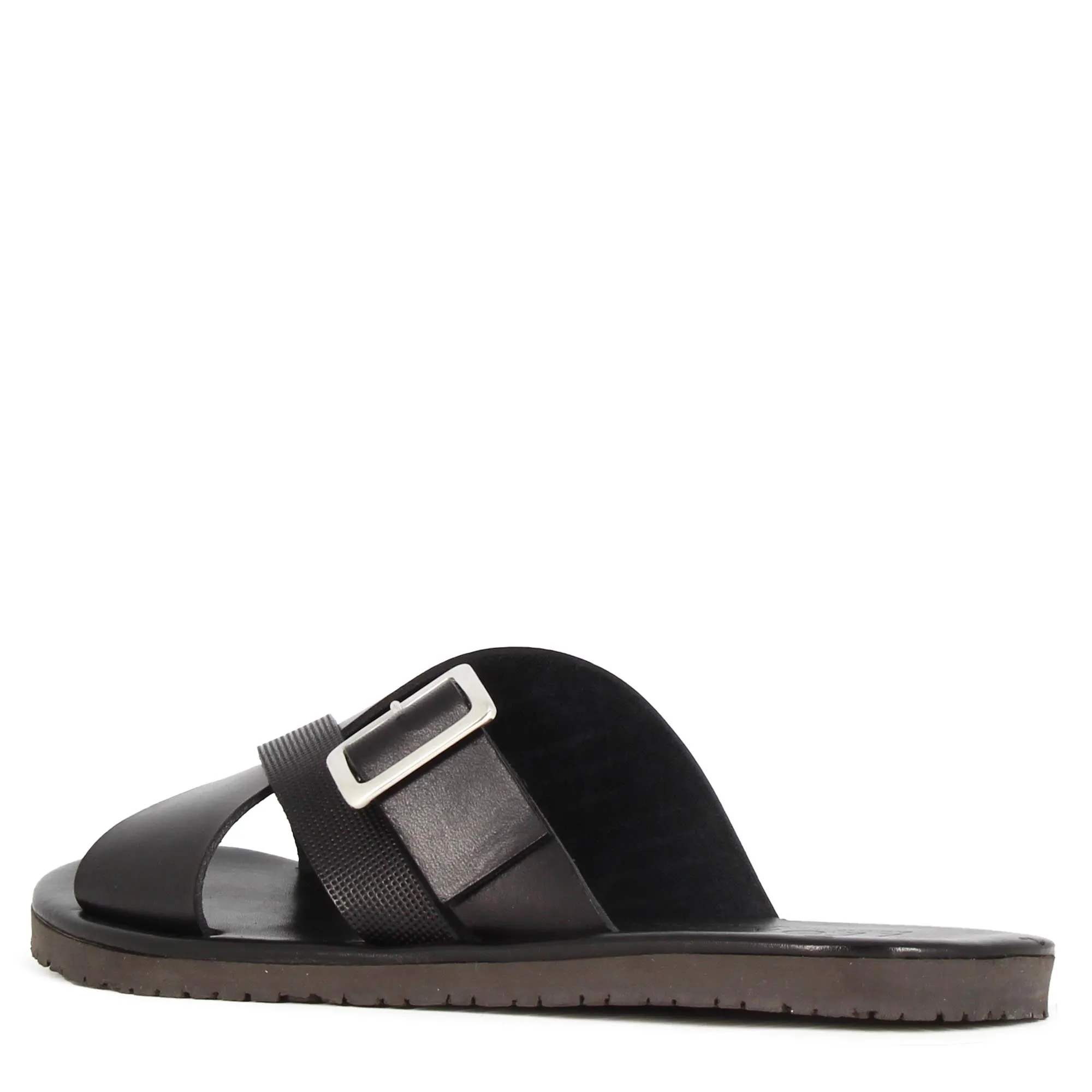 Sandalo slider da uomo in pelle colore nero con fibbia