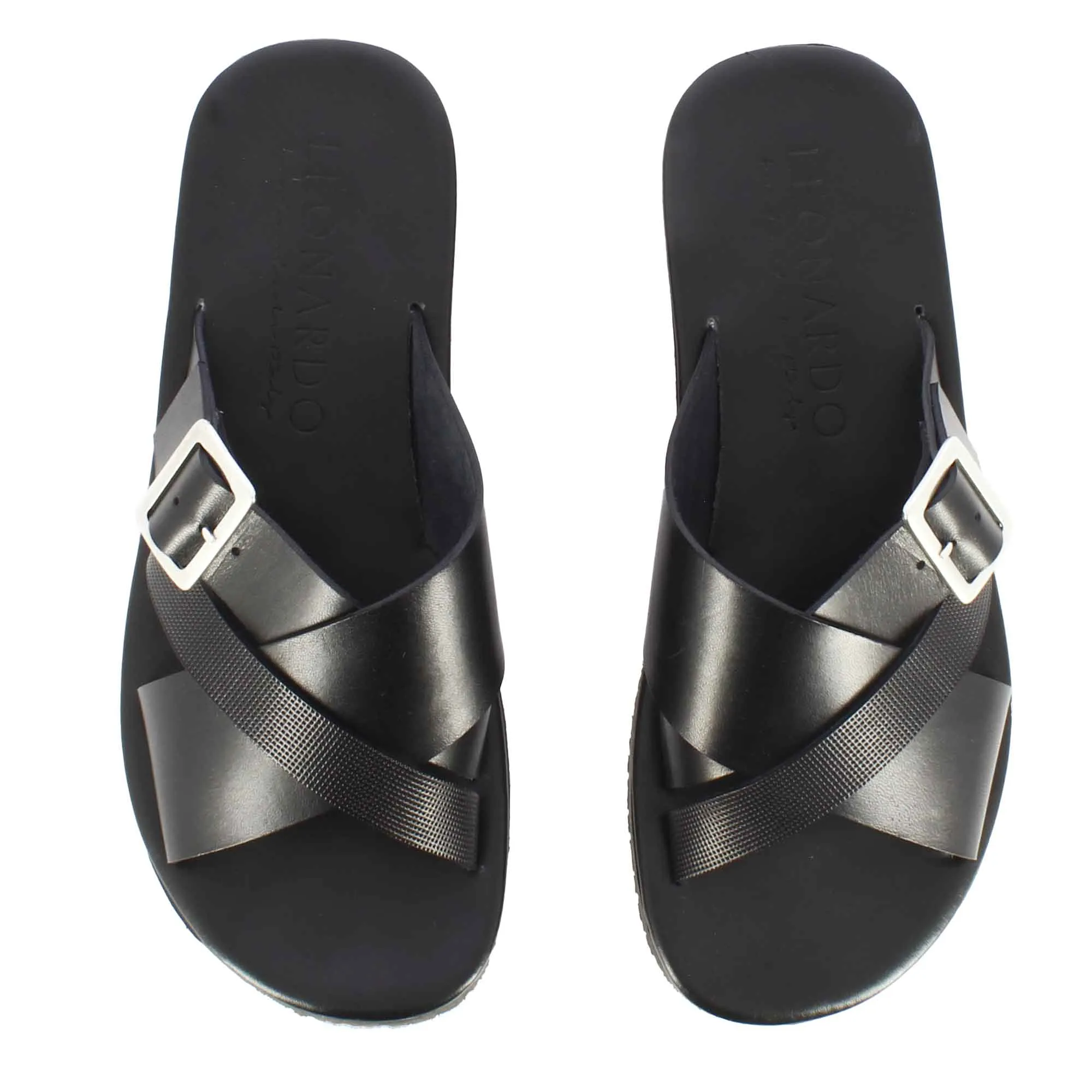 Sandalo slider da uomo in pelle colore nero con fibbia