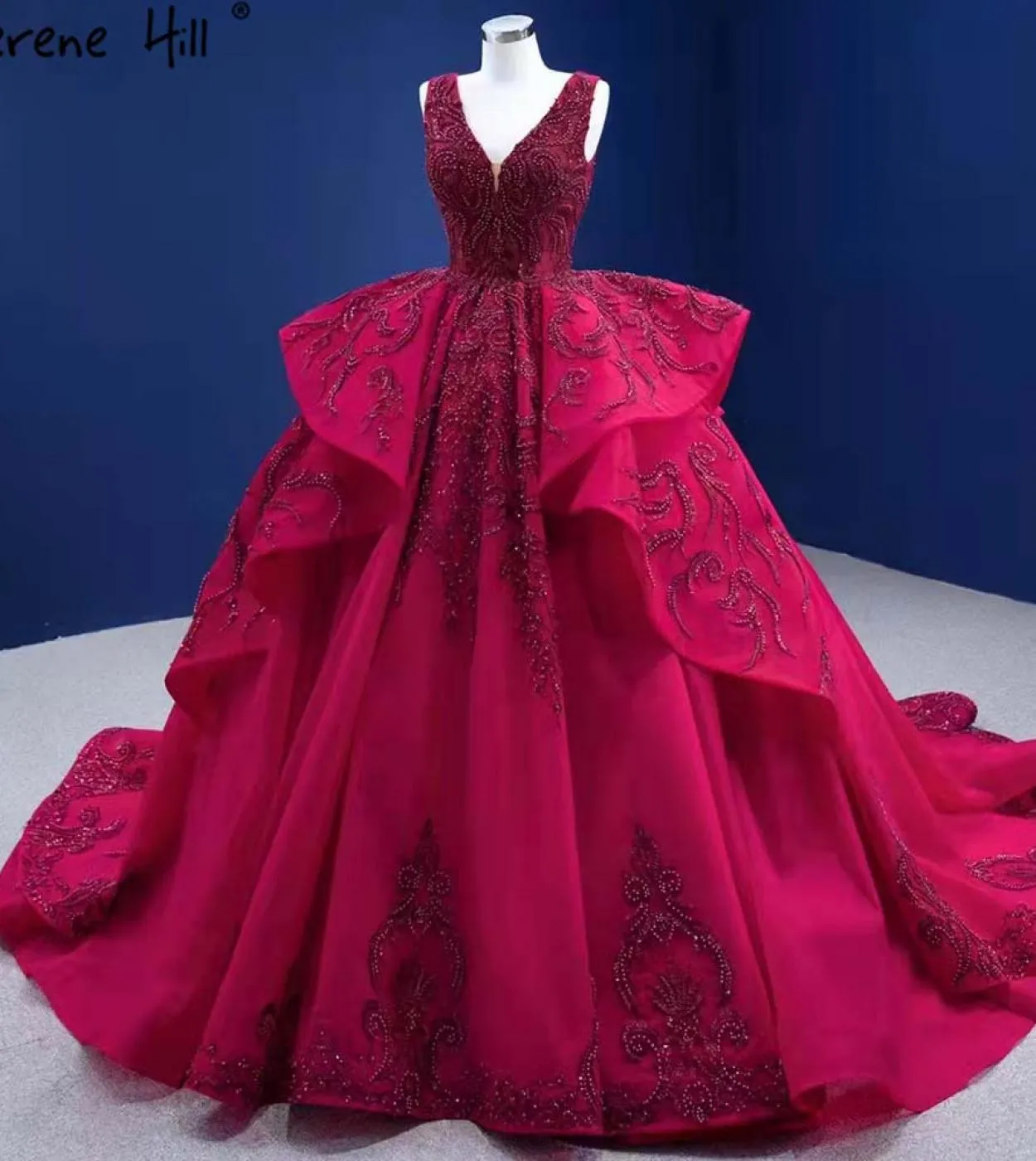 Serene Hill Rose Red Ruffles Abiti da sposa 2022 Abiti da sposa di lusso con scollo a V in rilievo Hm67376 Abiti da sposa su mis