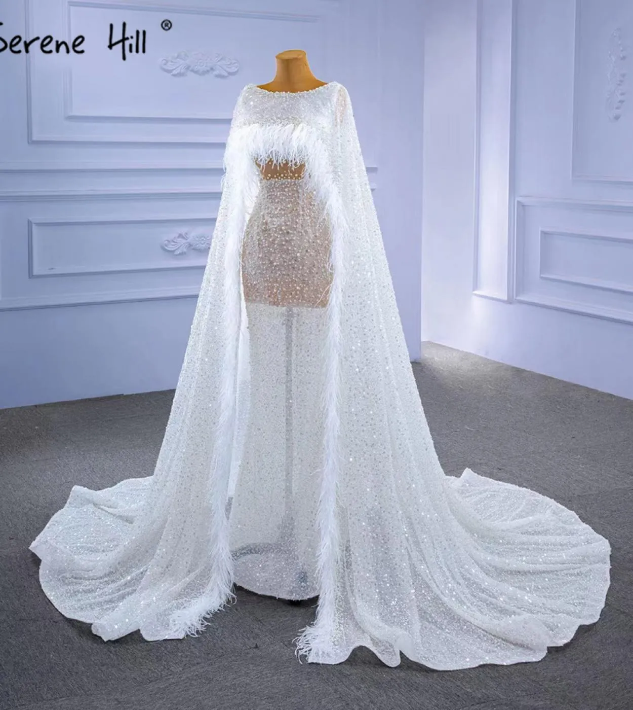 Serene Hill White Highend Luxury Abiti da sera Abiti con perline Piuma Mantello manica per le donne Party Hm67305 Abiti da sera