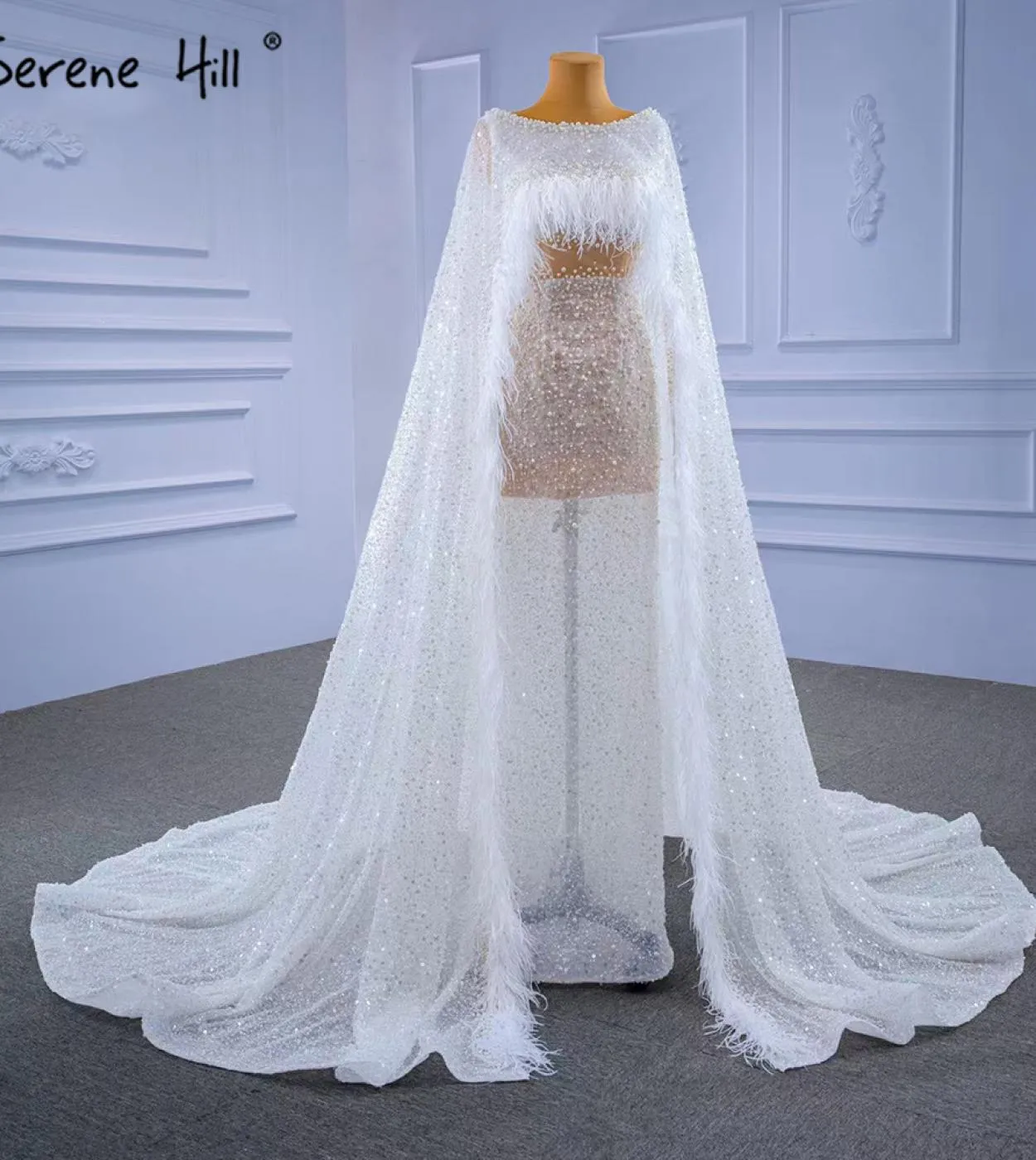 Serene Hill White Highend Luxury Abiti da sera Abiti con perline Piuma Mantello manica per le donne Party Hm67305 Abiti da sera