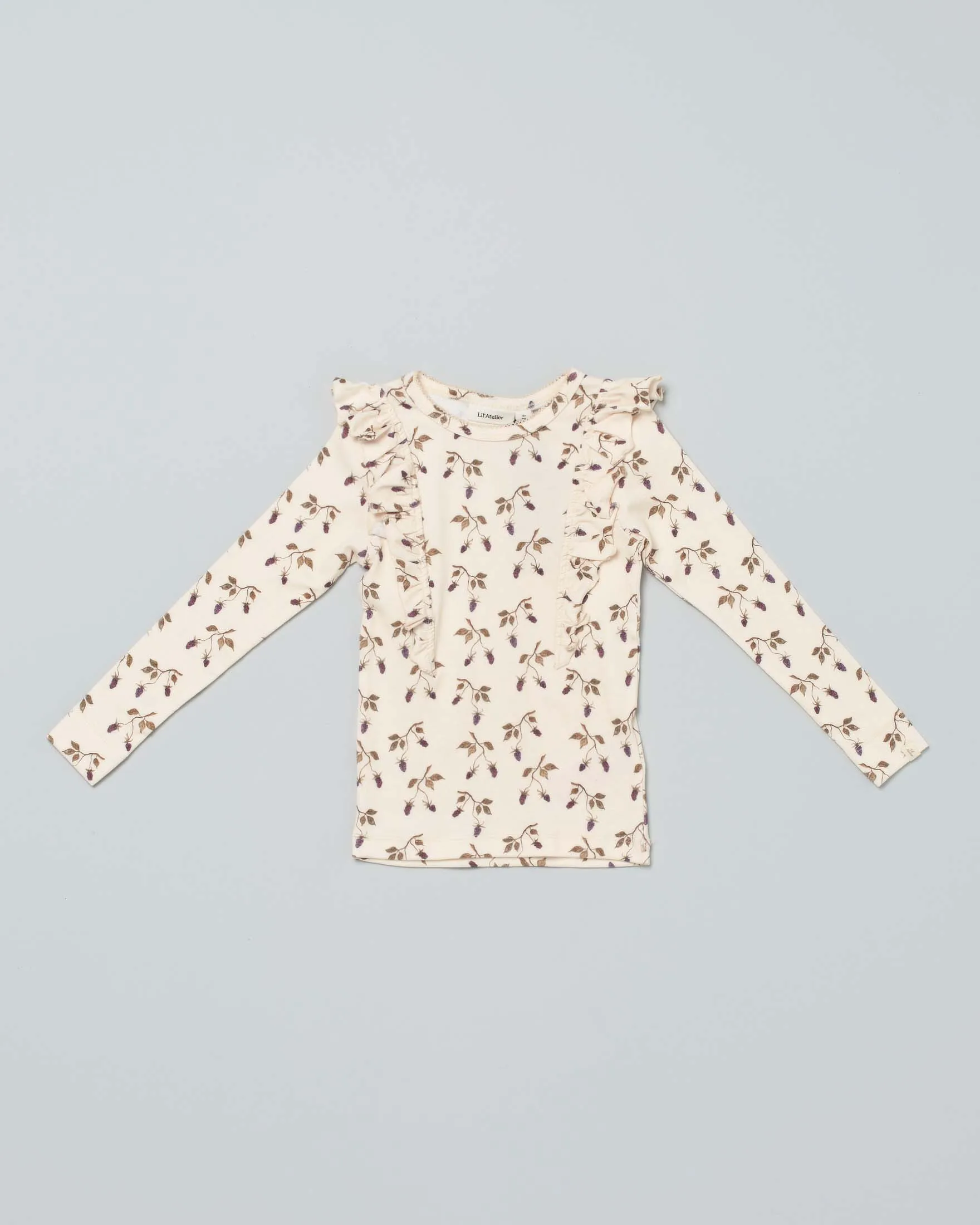 T-shirt beige in misto cotone stretch a maniche lunghe a fantasia fiorita all-over con rouches 2-7 anni