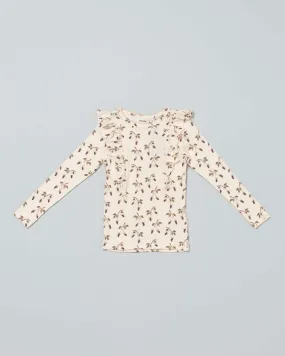 T-shirt beige in misto cotone stretch a maniche lunghe a fantasia fiorita all-over con rouches 2-7 anni