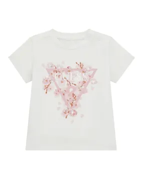 T-shirt bianca in cotone elasticizzato a maniche corte con stampa logo triangolo rosa floreale 12-24 mesi