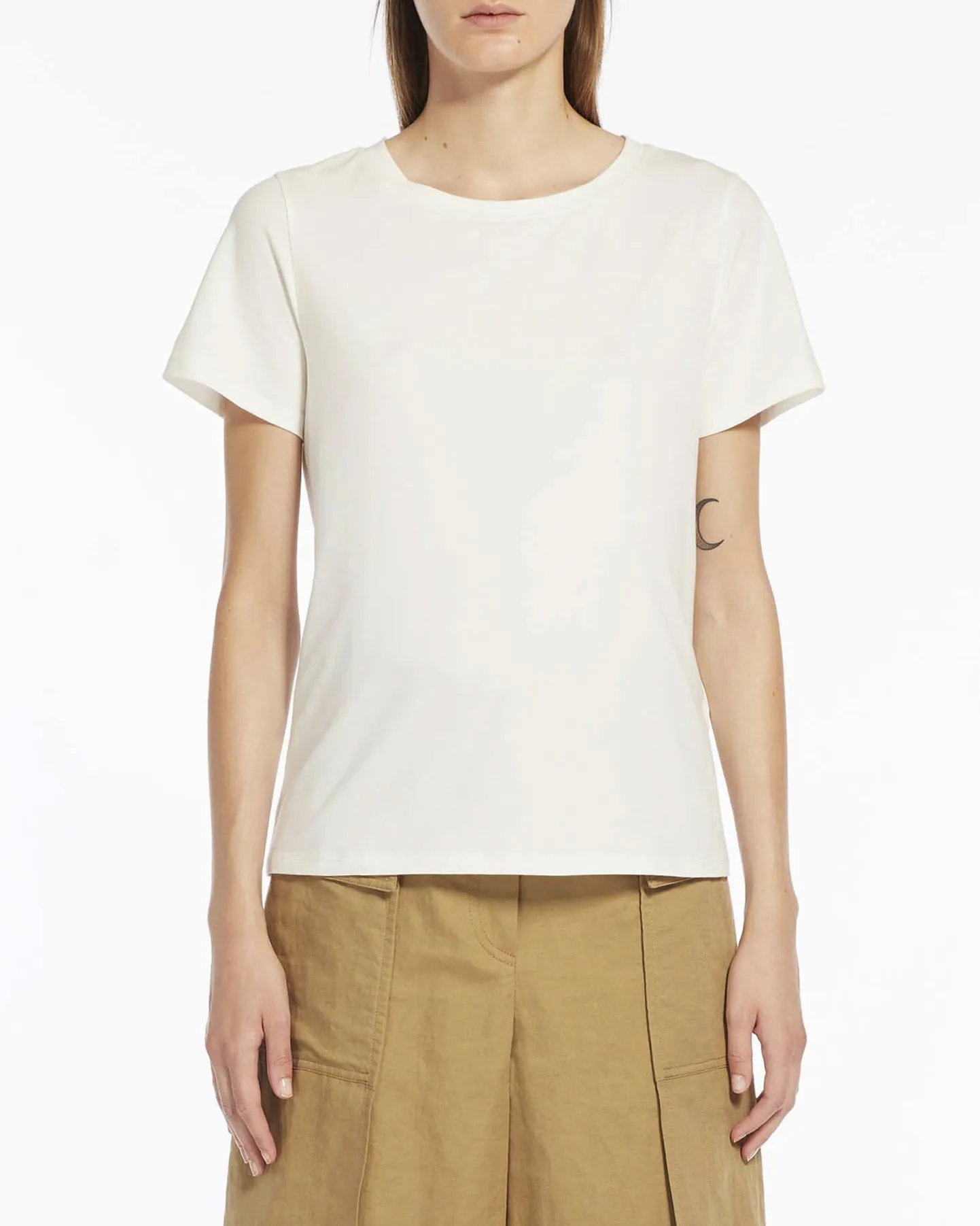 T-shirt bianca in cotone stretch a maniche corte con scollo tondo