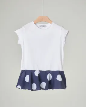 T-shirt bianca mezza manica con balza blu a pois sul fondo 5-8 anni