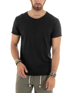 T-shirt Uomo Girocollo Maniche Corte Taglio Vivo Tinta Unita Nero Basic GIOSAL-TS2964A