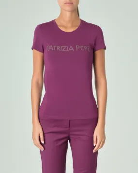 T-shirt viola in cotone a maniche corte con scritta logo argento in strass