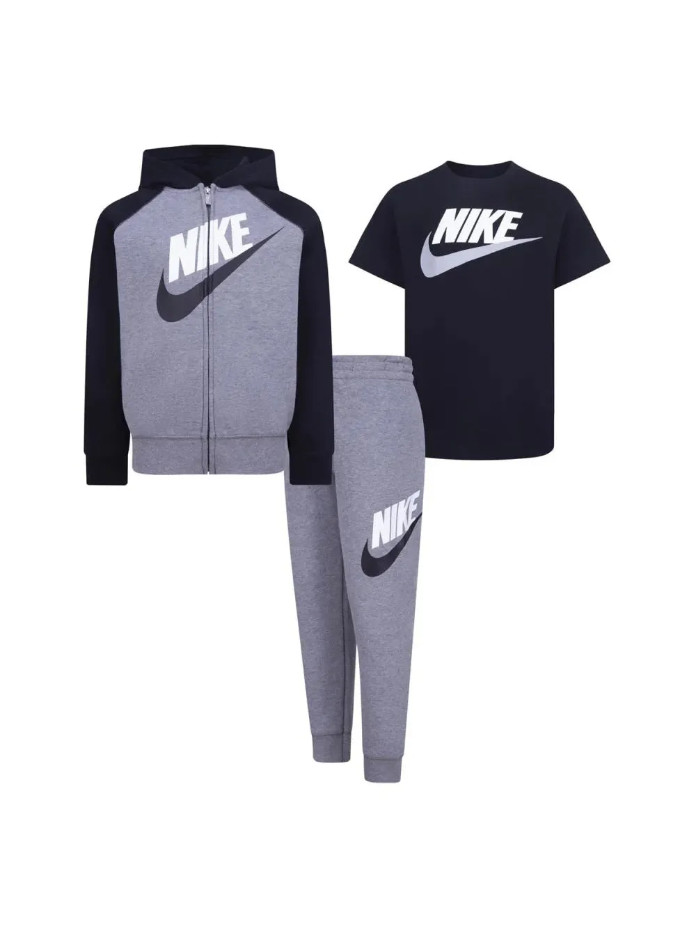 Tuta Nike kid dai 2 ai 7 anni set 3 pezzi in felpa grigio nera con t-shirt